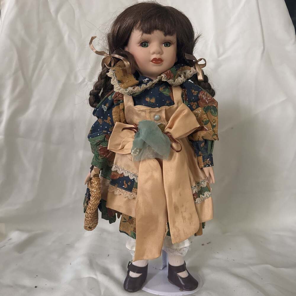 Vintage Geppeddo Porcelain Doll in Green Satin Dress, 16 Inch with Stand